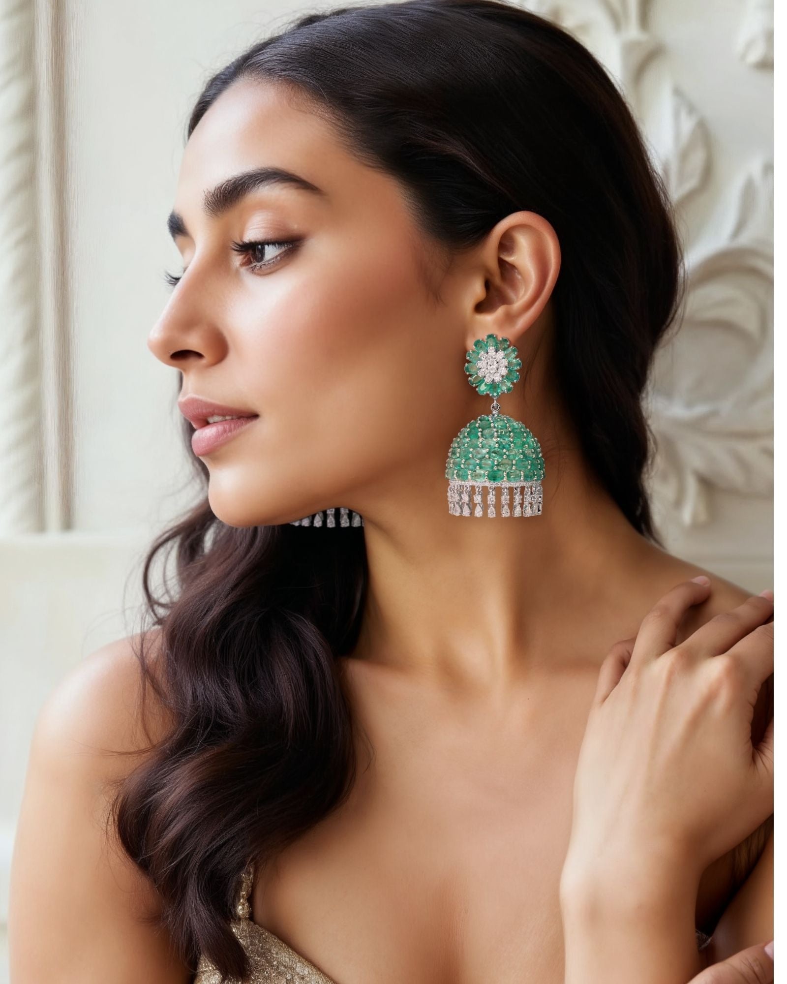 Emerald Swirl Diamond Jhumkas | AMARIS JEWELS | Fine Jewelry 