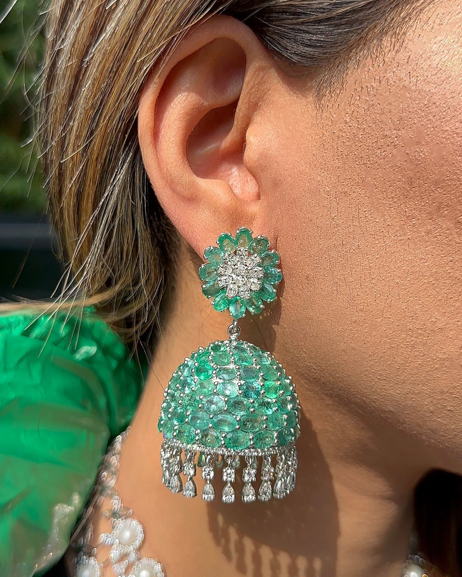 Emerald Swirl Diamond Jhumkas | AMARIS JEWELS | Fine Jewelry 