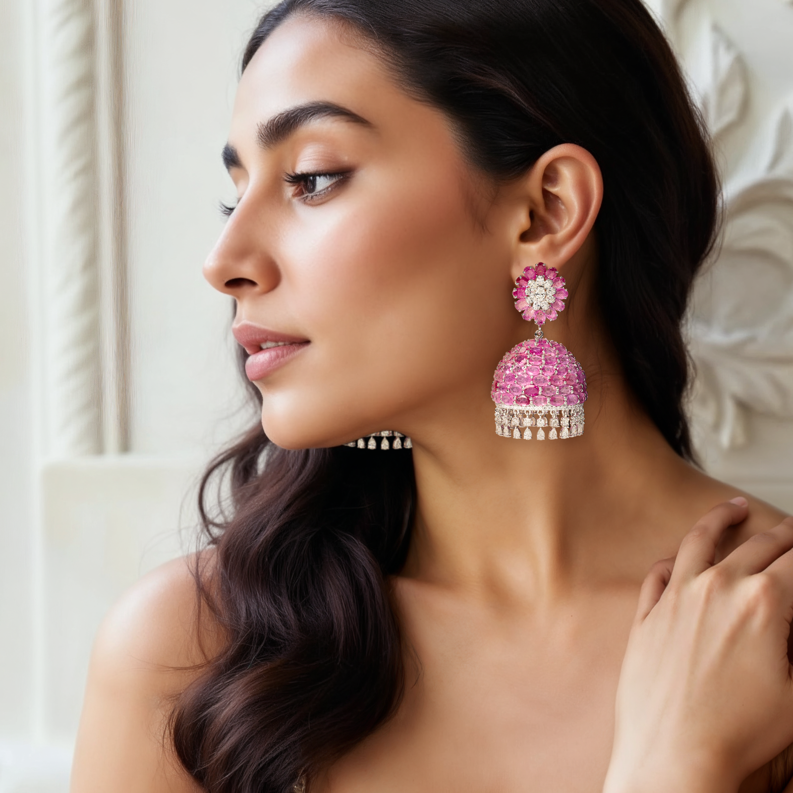 Ruby Swirl Diamond Jhumkas | AMARIS JEWELS | Fine Jewelry 