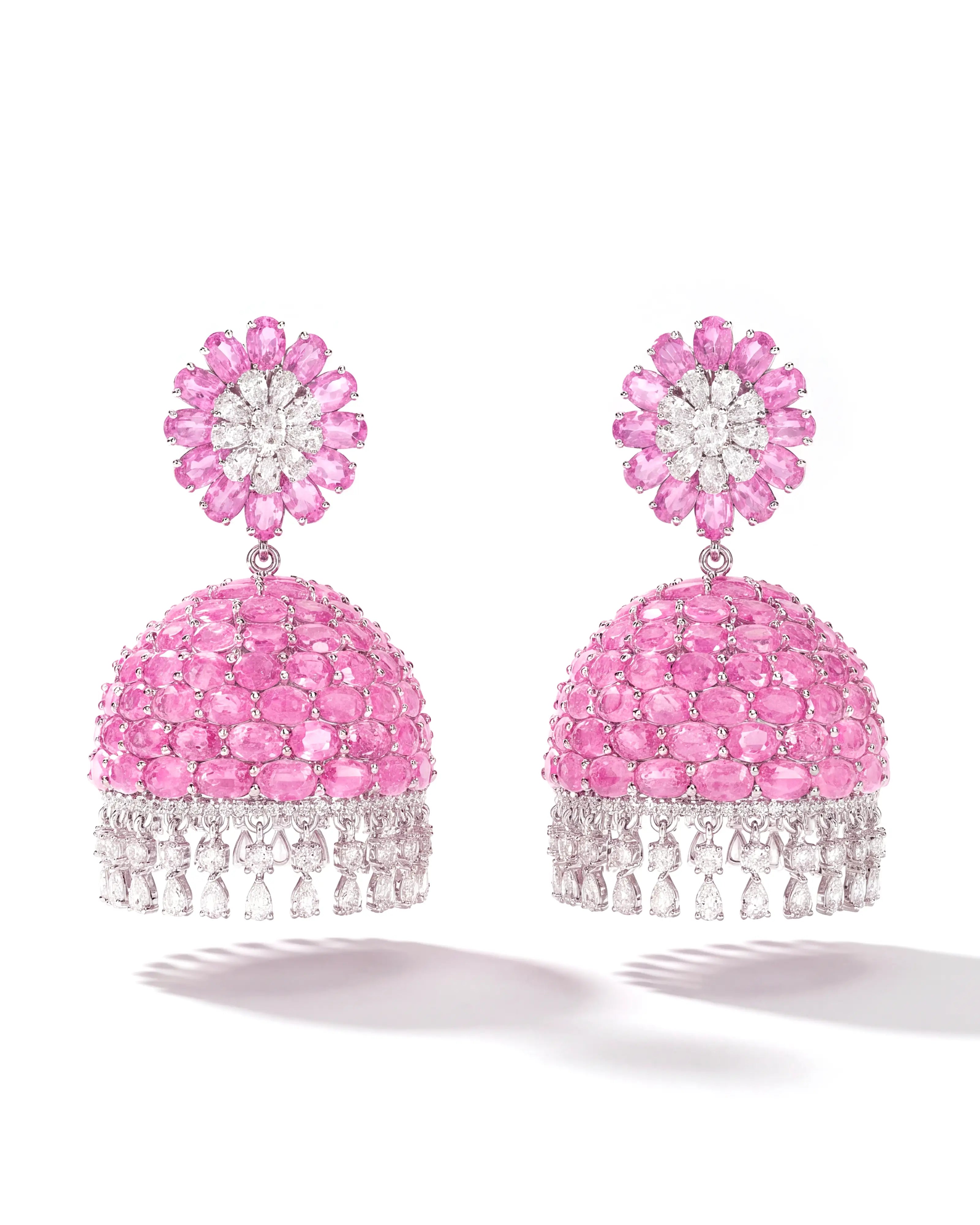Ruby Swirl Diamond Jhumkas | AMARIS JEWELS | Fine Jewelry