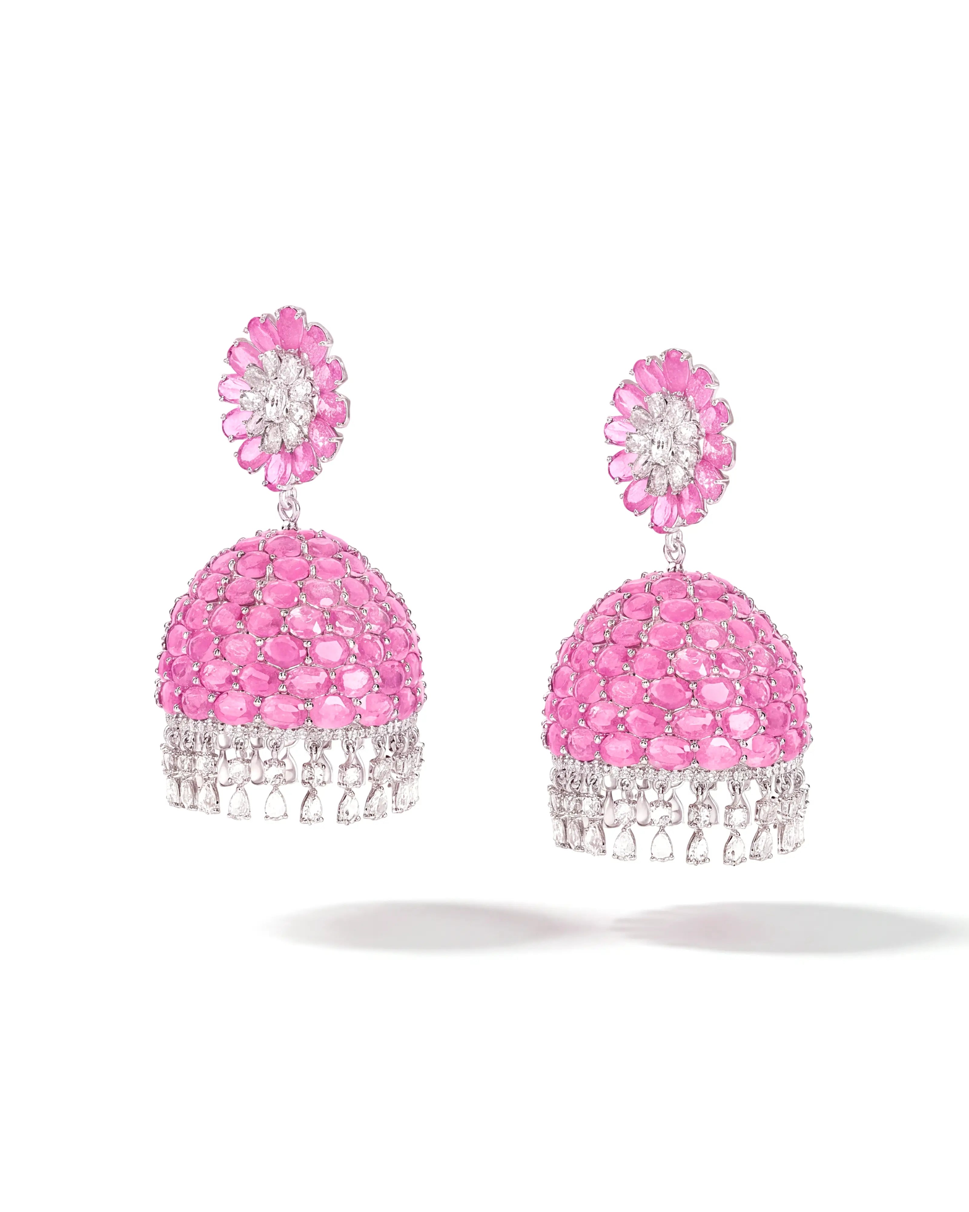 Ruby Swirl Diamond Jhumkas | AMARIS JEWELS | Fine Jewelry