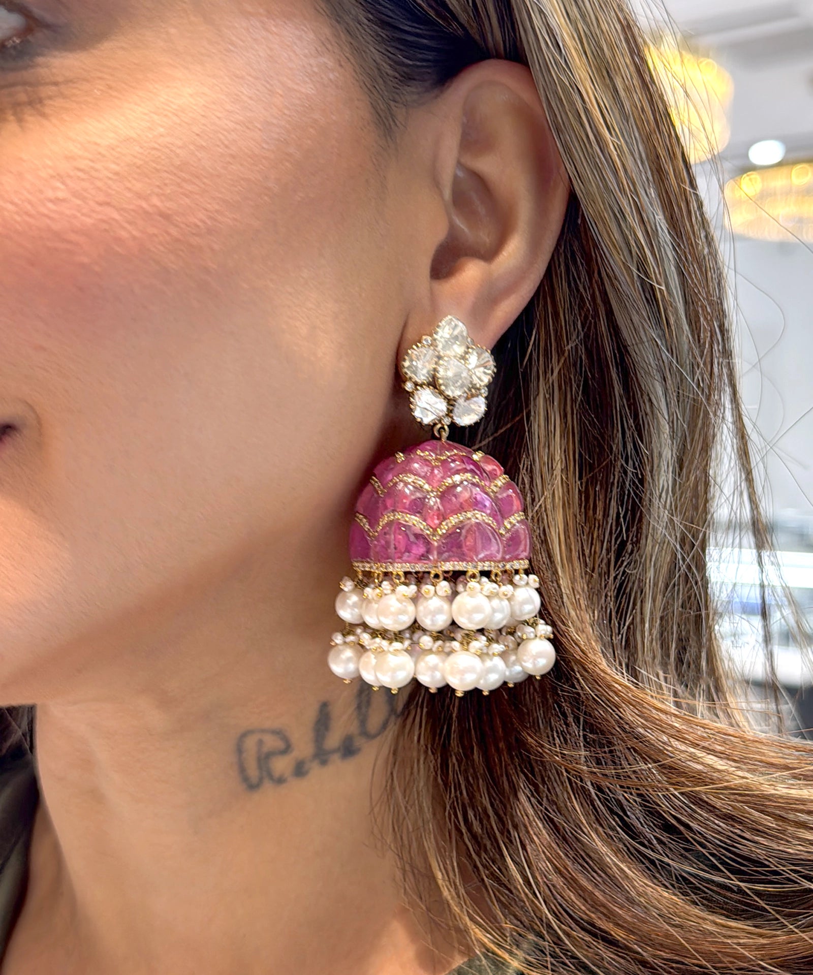 Ruby Swirl Jhumkas | AMARIS JEWELS | Fine Jewelry 