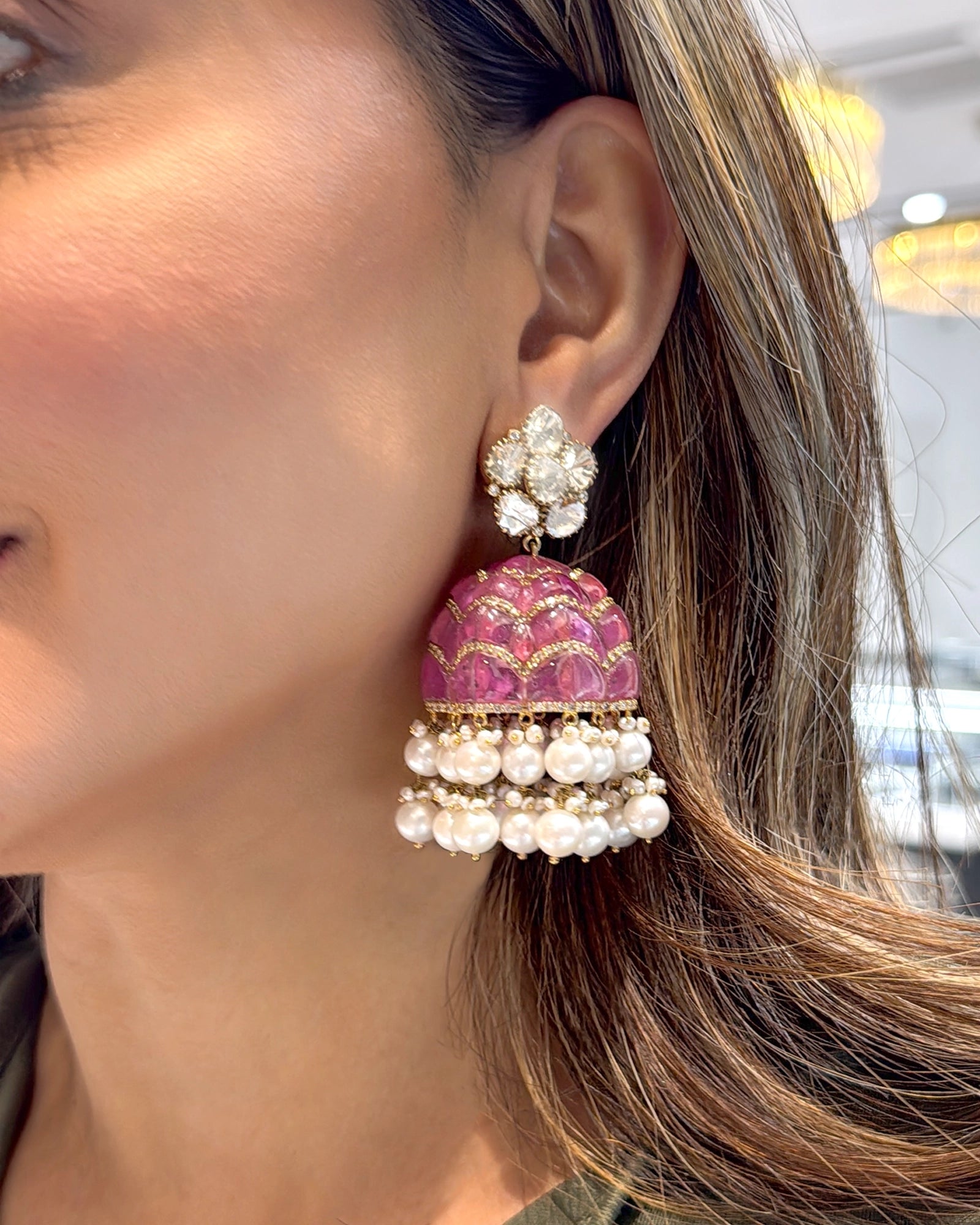 Ruby Swirl Jhumkas | AMARIS JEWELS | Fine Jewelry 