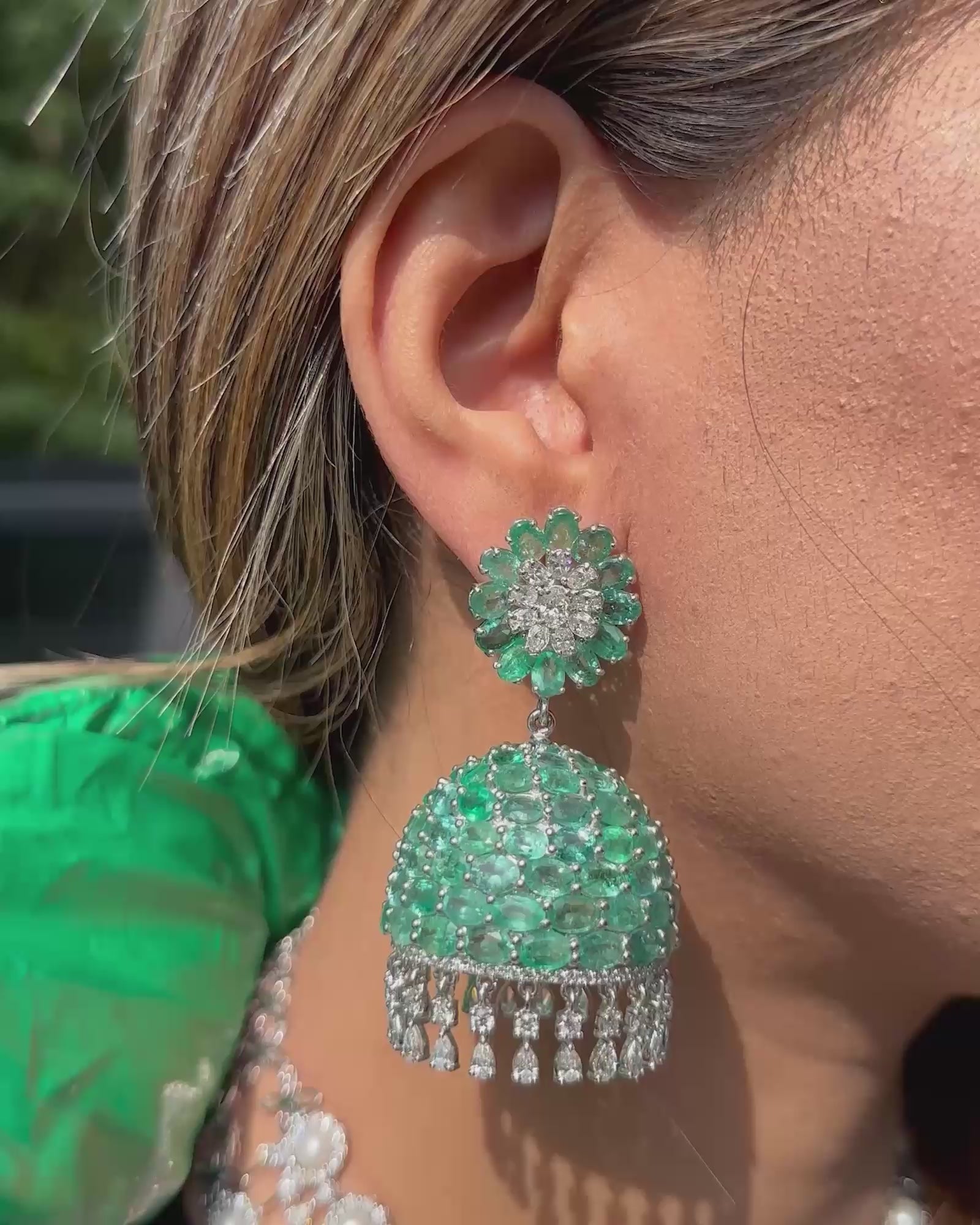 Emerald Swirl Diamond Jhumkas